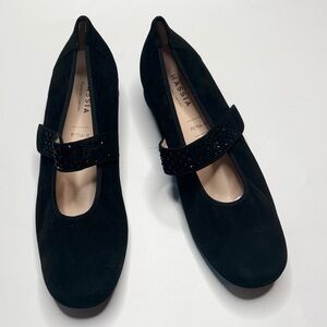 Hassia Petra Black Suede Mary Jane Wedge Suede Gem Strap Shoes S-440 US Sz 9